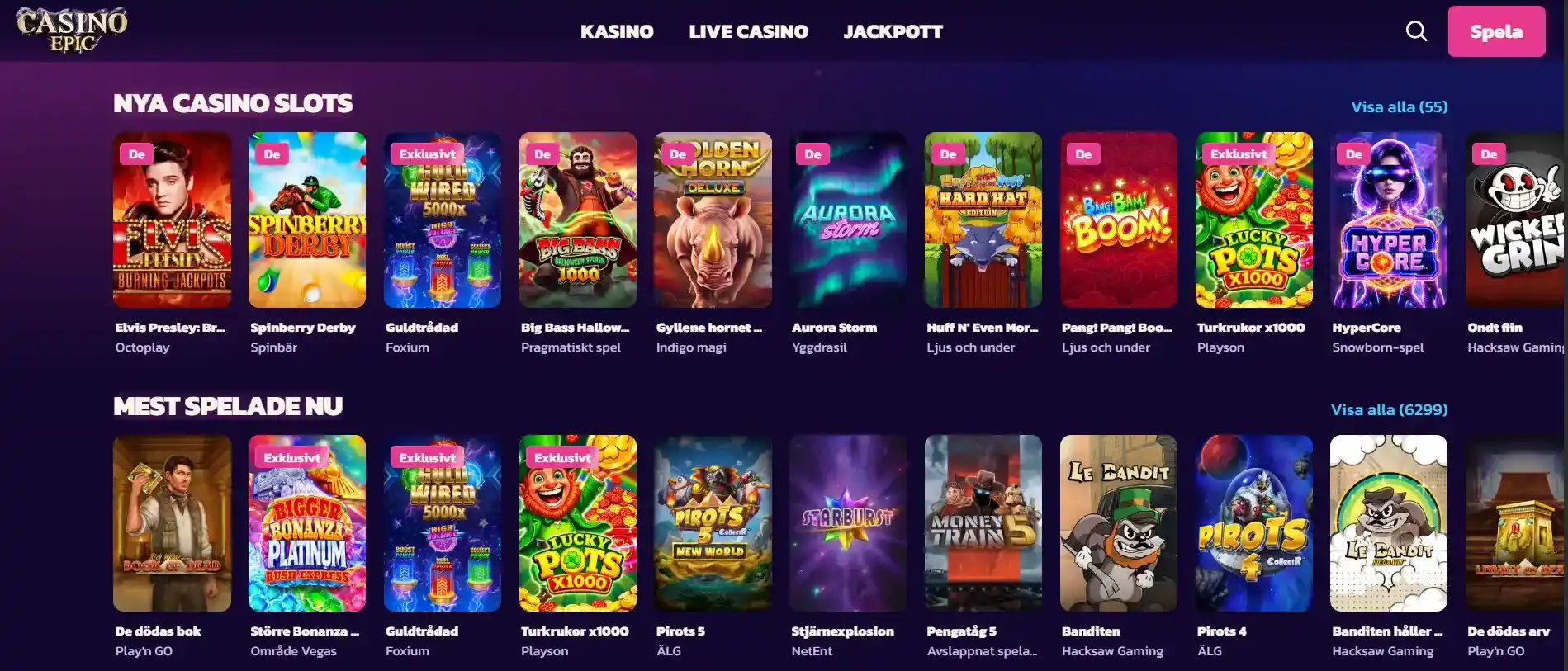 Casino Epics svenska startsida med casino-navigation och spelinnehåll