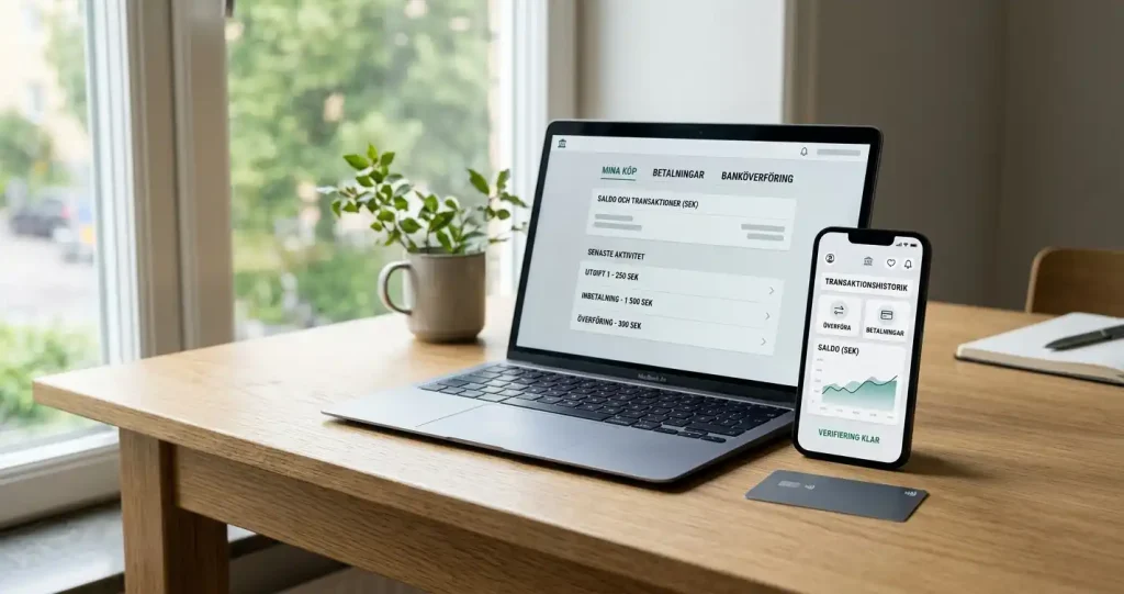 Mobiltelefon bredvid bankkort och laptop i en svensk digital betalningsmiljö