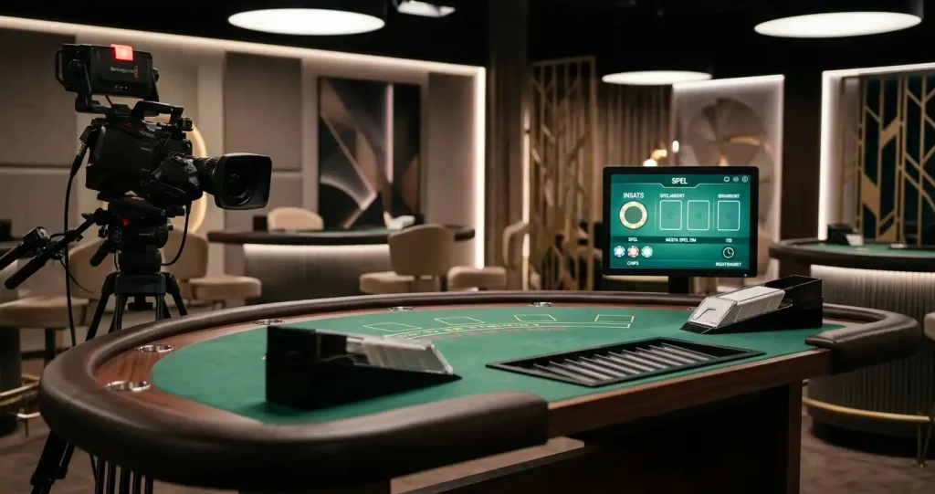 Belyst live-casinostudio med spelbord, kameror och tomma dealerstationer