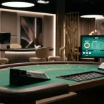 Belyst live-casinostudio med spelbord, kameror och tomma dealerstationer