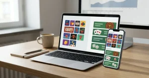 Bärbar dator och mobil med ett abstrakt bibliotek av spelkort för slots och live casino